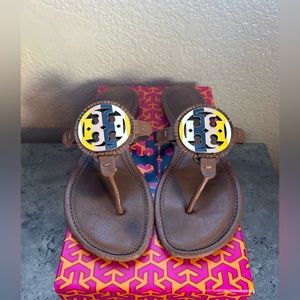 Tory Burch Miller Fringe Sandal - Tan, Yellow (Goldfinch), Pink + Navy Stripe